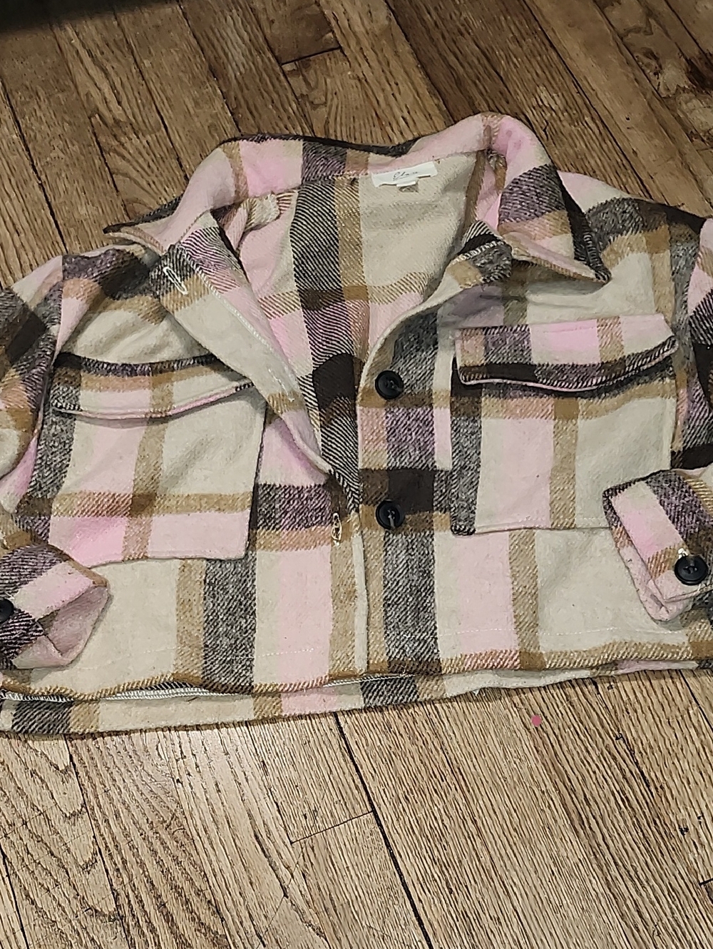 Elan Pink Cream & Brown Plaid Button-Up Shacket